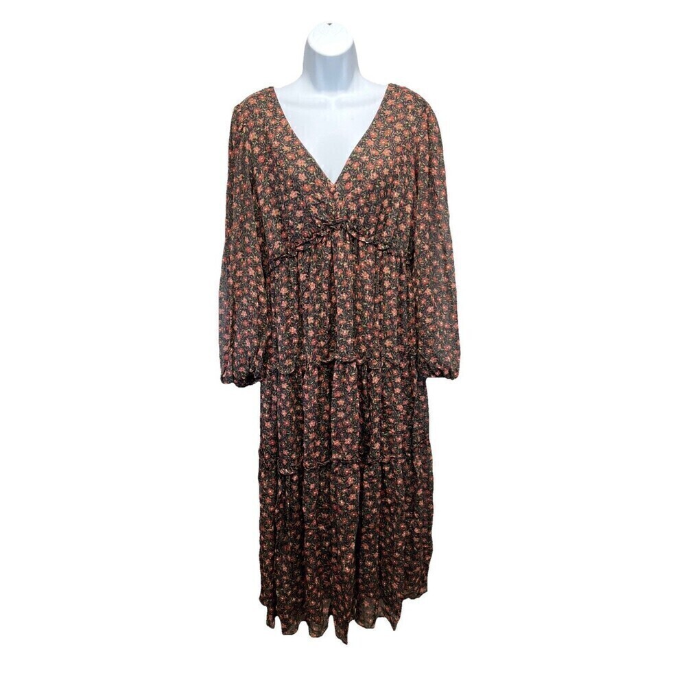 August Sky Midi Dress L Floral Tiered Long Sleeve V Peasant Prairie Cottage Core